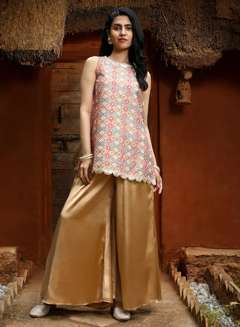  قصة Women's Tan Brown Geometric Kurti With Palazzo For Casual Wear | Round Neck | Sleeveless | 2 Piece Kurta Set Designed With Comfort Fit For Everyday Ethnic Wear